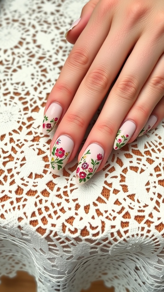 Close-up of stiletto nails with floral art against a lace tablecloth.