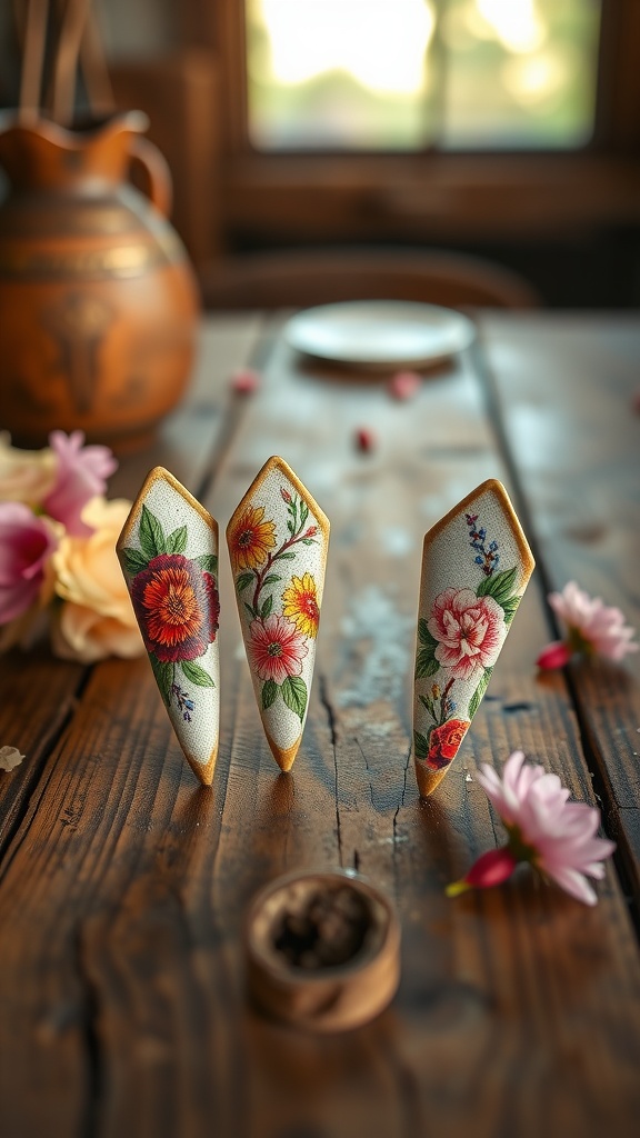 A close-up of three coffin-shaped nails with colorful floral designs on a wooden table