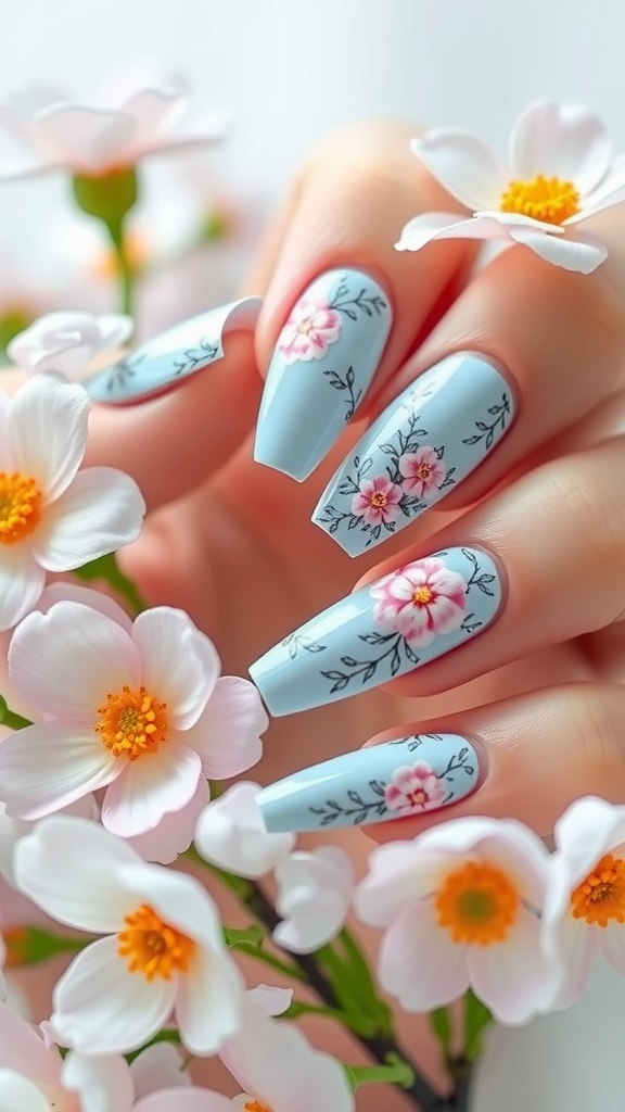 Close-up of floral baby blue acrylic nails with pink flowers and leaves