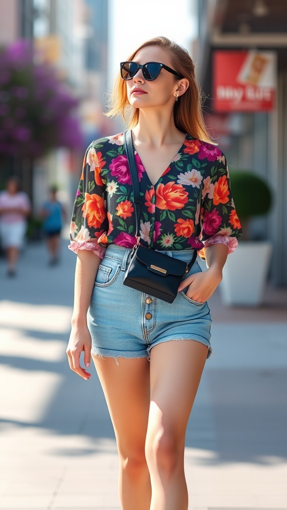 A woman wearing a floral blouse and high-waisted shorts, walking casually in a city setting.