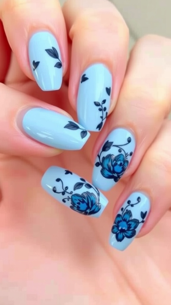 Nail design featuring light and dark blue shades with floral patterns