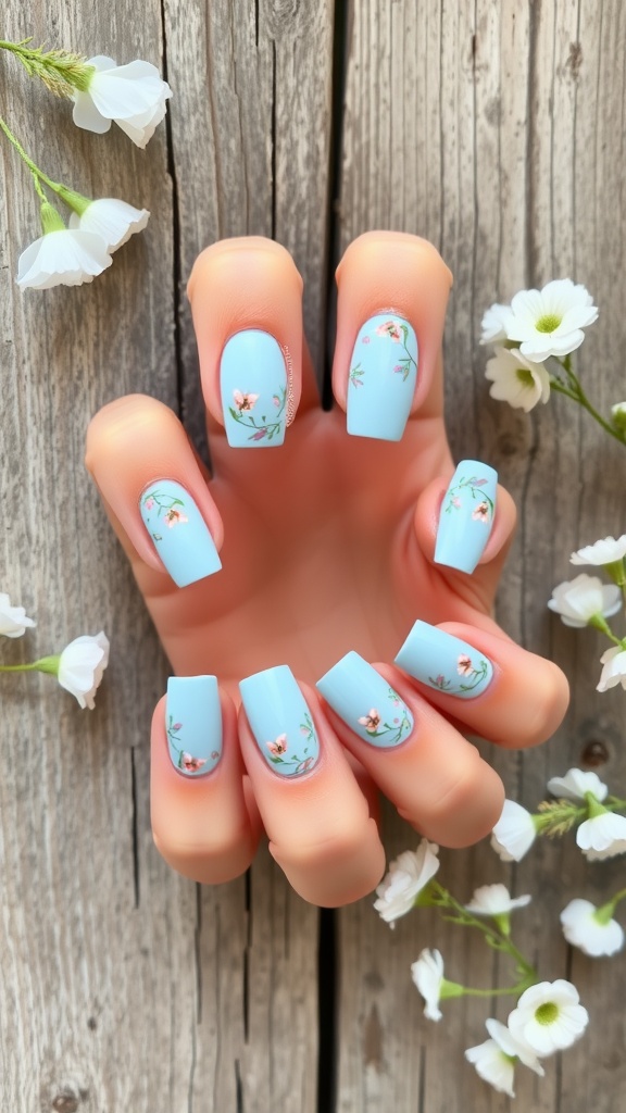 Nail design featuring floral patterns on a blue background with a wooden surface and small flowers around