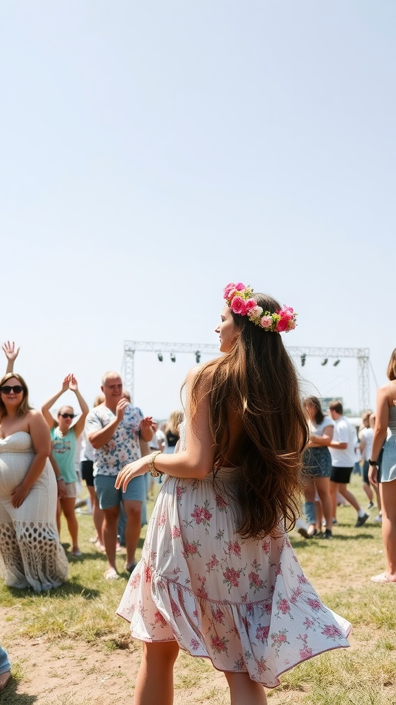 A woman wearing a floral dress and flower crown, dancing at a festival with a crowd in the background.