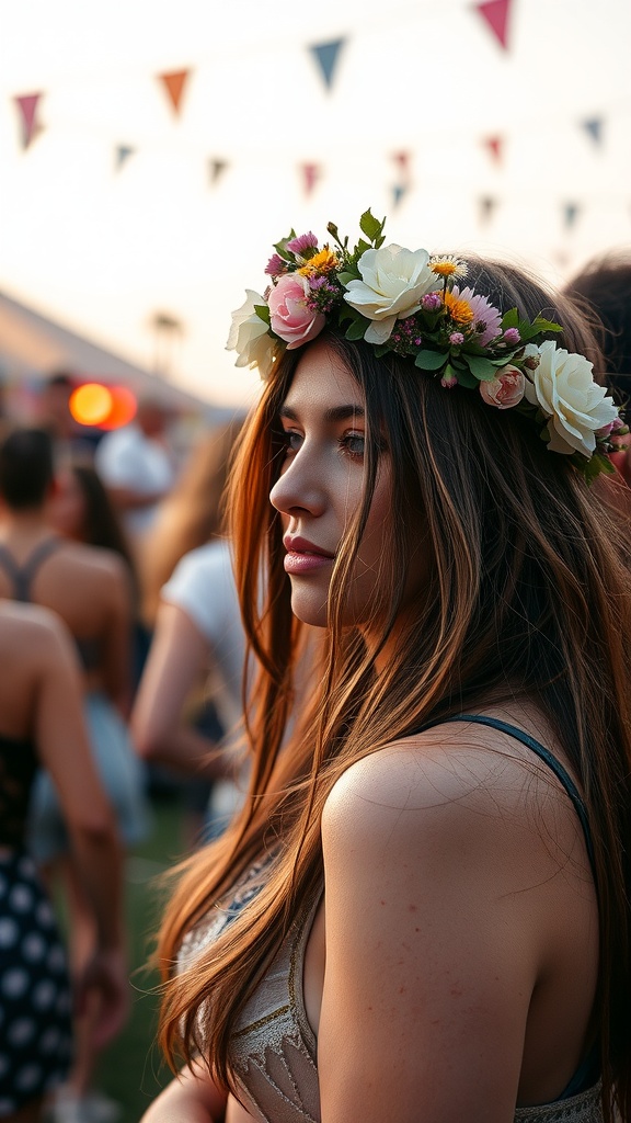 A young woman wearing a floral crown at a festival, showcasing a bohemian style.