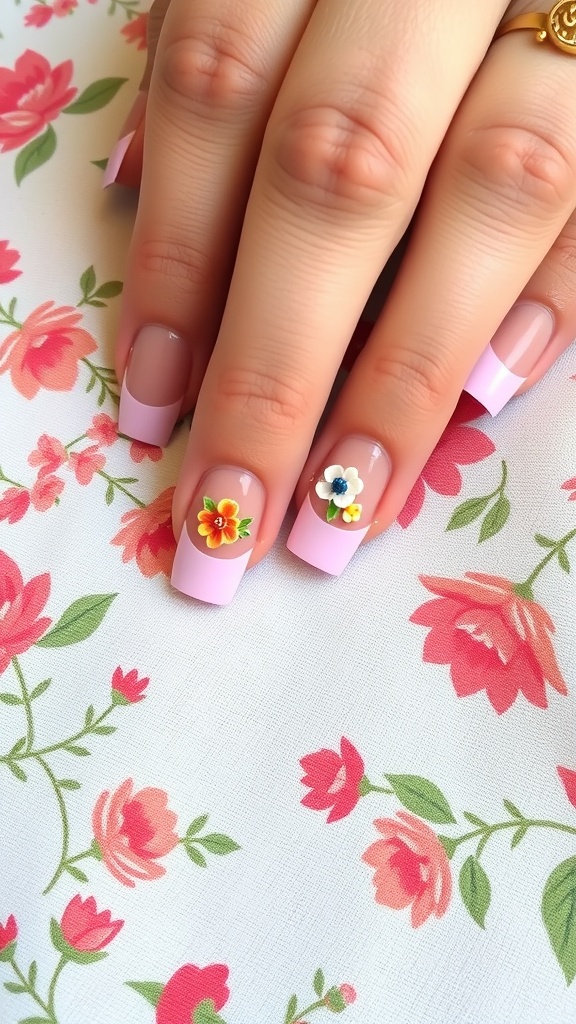 Close-up of hands with pink French tip nails featuring colorful floral designs on a floral background.