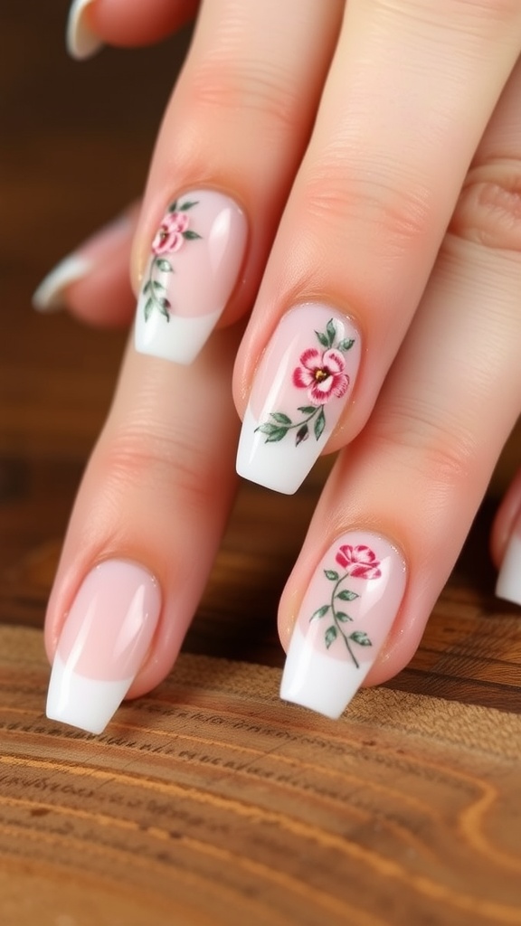 Almond nails with floral design and French tips