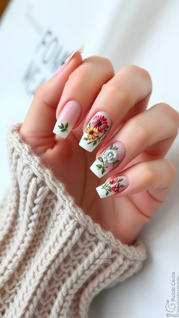 Floral design French tip acrylic nails with colorful flowers on a nude base
