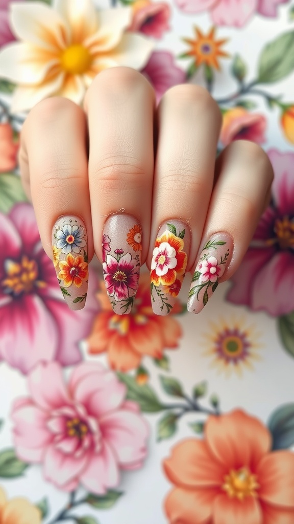 Nails featuring floral design with colorful French tips