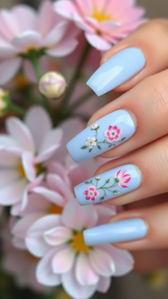 Light blue French tip nails with floral designs