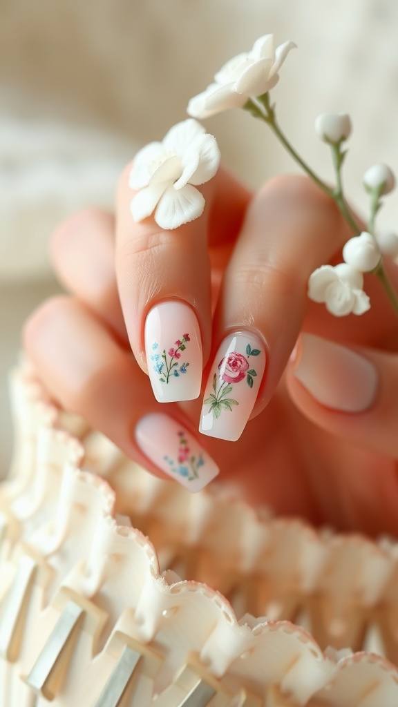 Floral design on short square French tip nails
