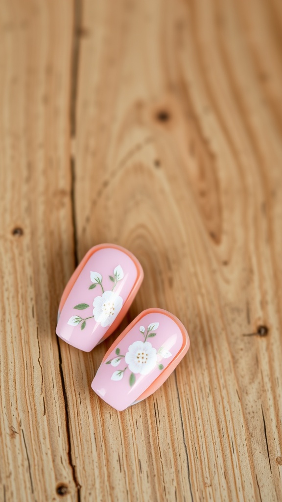 Light pink almond nails with a floral design on a wooden surface.
