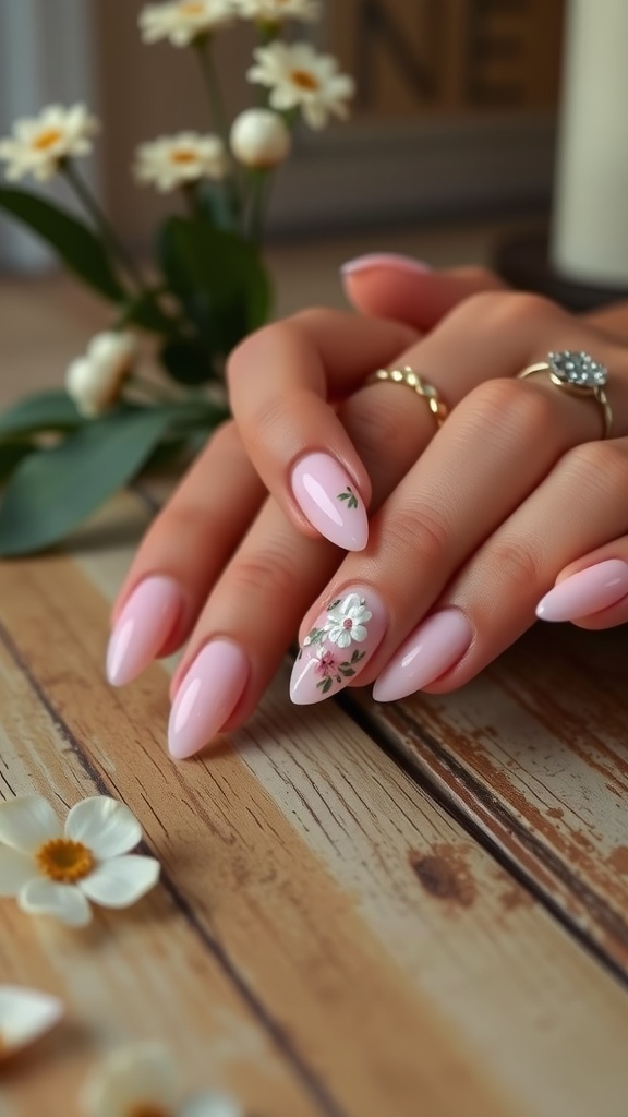 Close-up of light pink chrome almond nails with floral design