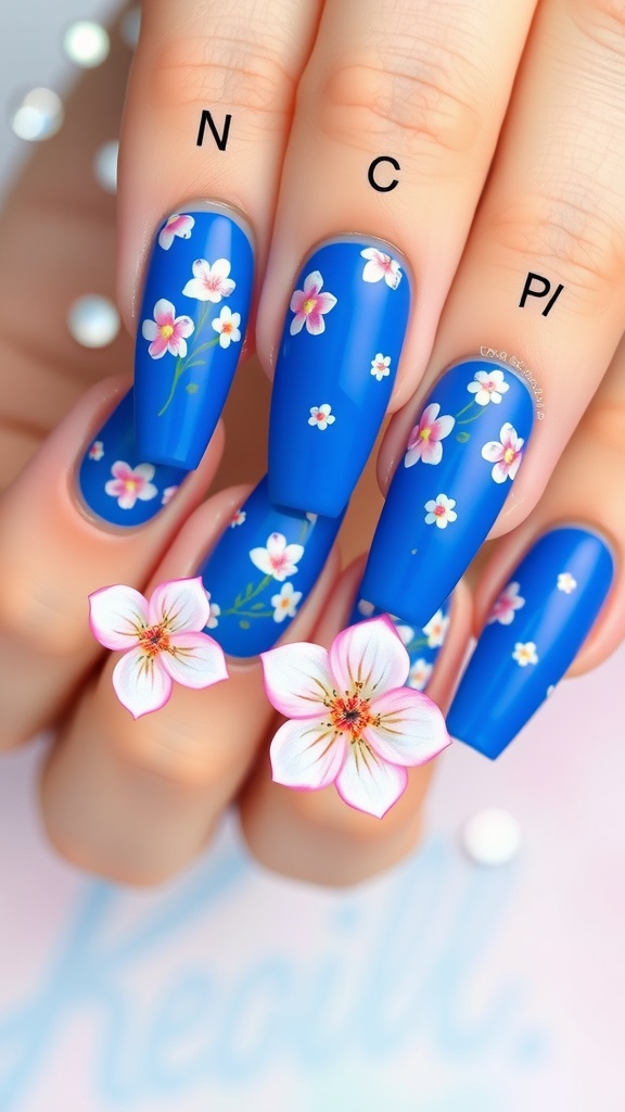 Royal blue acrylic nails adorned with delicate floral designs in pink and white.