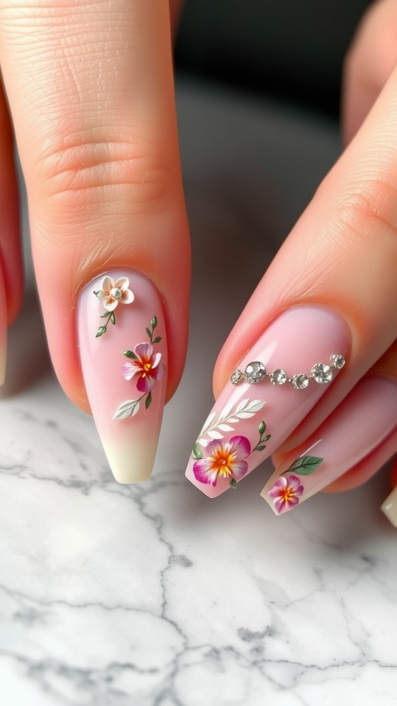 Acrylic nails with floral design and 3D accents.
