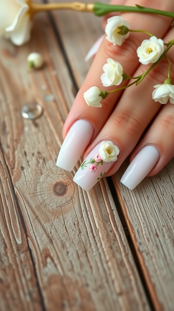 A close-up of elegantly manicured nails with white French tips and floral designs, arranged on a wooden surface.