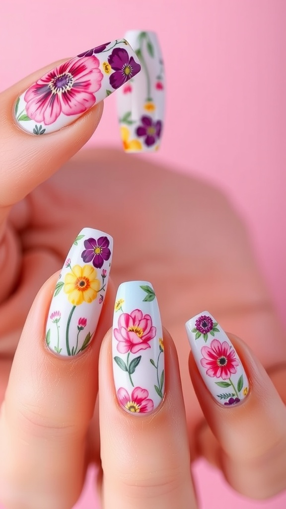 Acrylic nails featuring colorful floral designs on a pink background