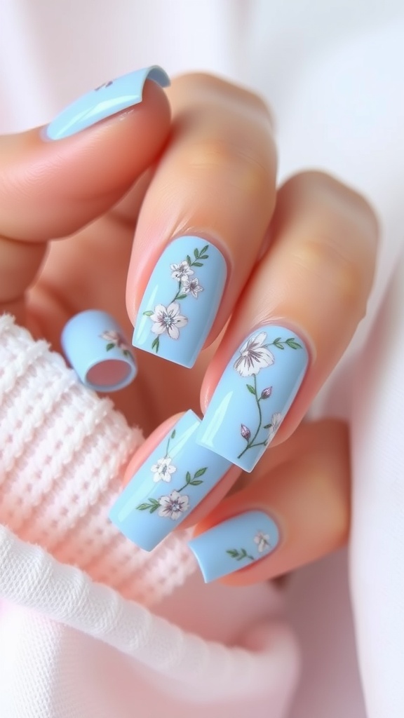 A close-up of light blue square nails with delicate floral designs.
