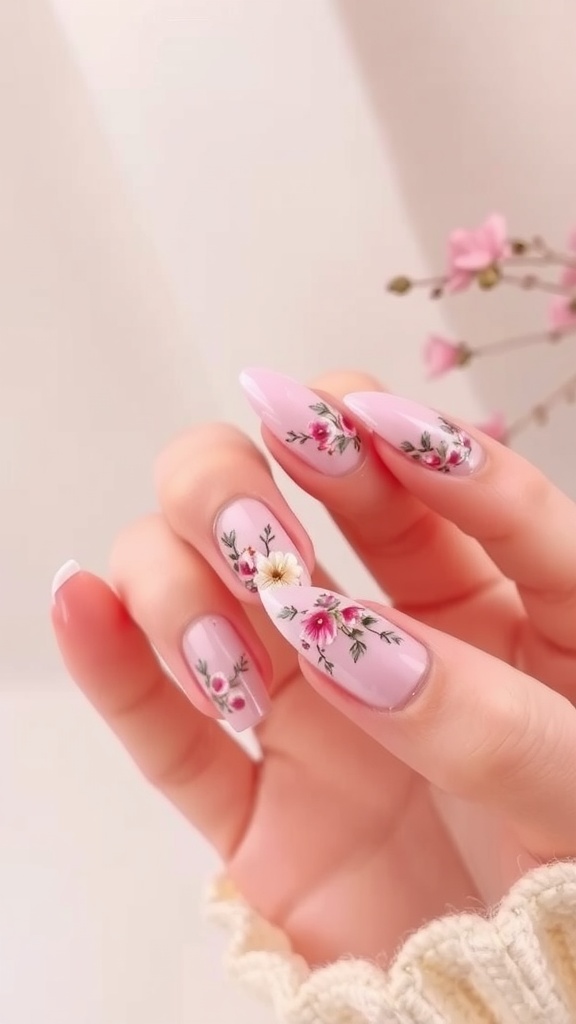Nails with pink chrome tips and floral designs