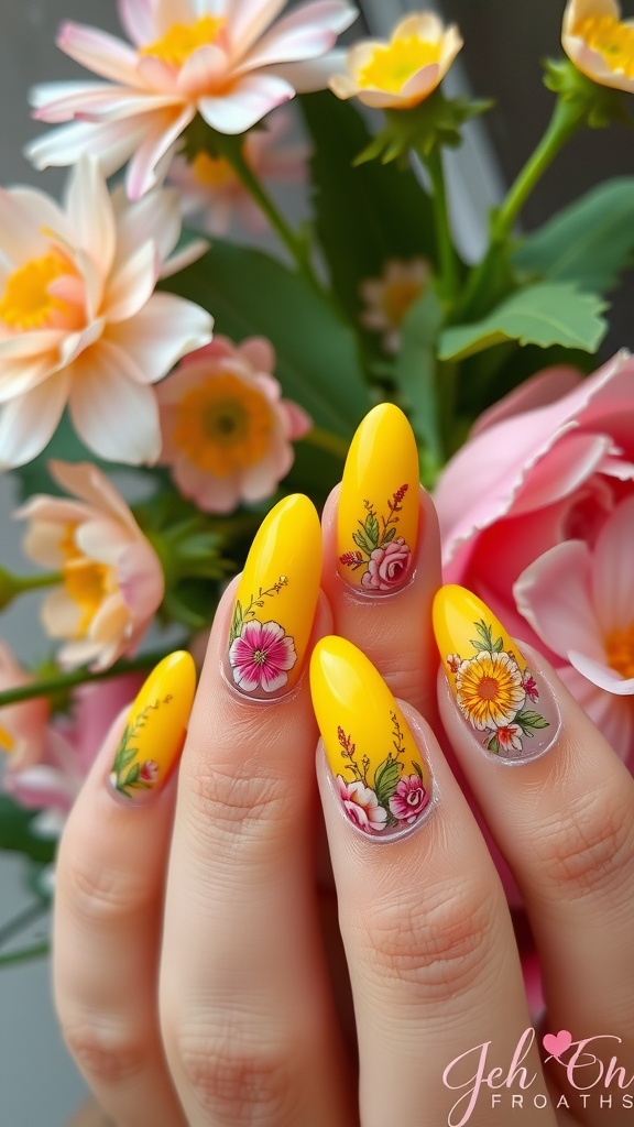 Yellow almond nails with floral designs on a hand, surrounded by flowers.