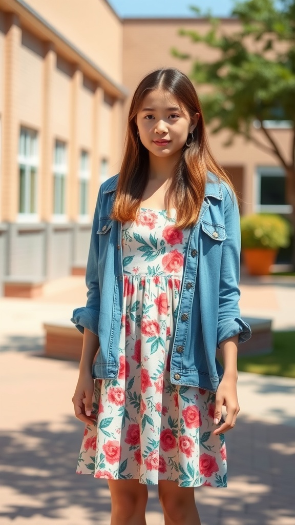 A student in a floral dress wearing a denim shirt, standing outside a school building.