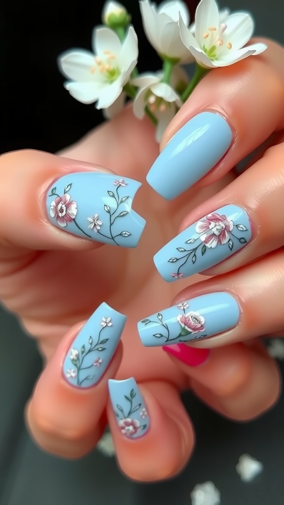 Close-up of light blue acrylic nails with floral embellishments.