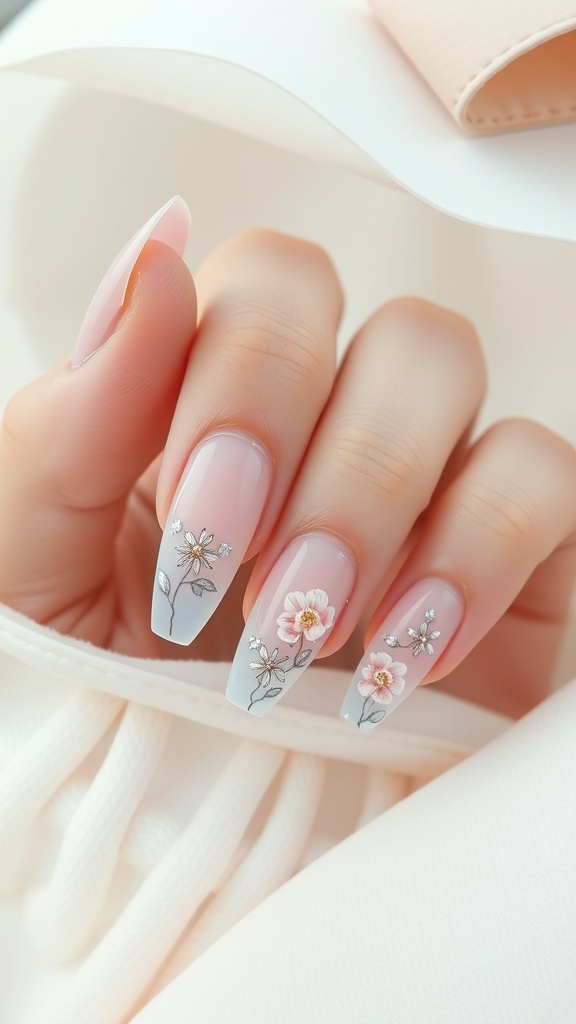 close-up of nude pink chrome nails with floral embellishments
