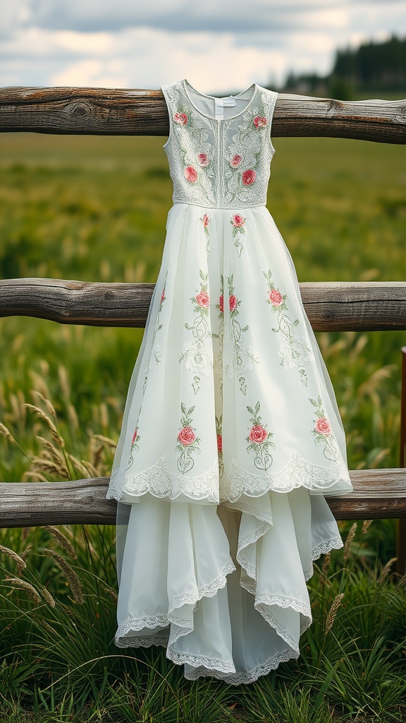 A floral embroidered wedding dress displayed on a wooden fence in a grassy field.