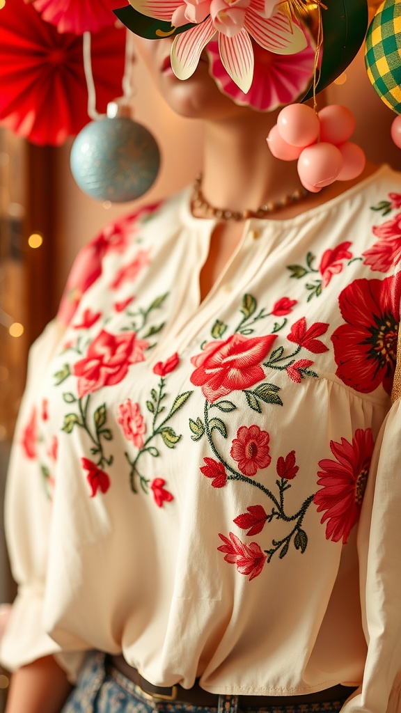 A close-up of a floral embroidered blouse worn by a woman, featuring colorful flowers against a light fabric.