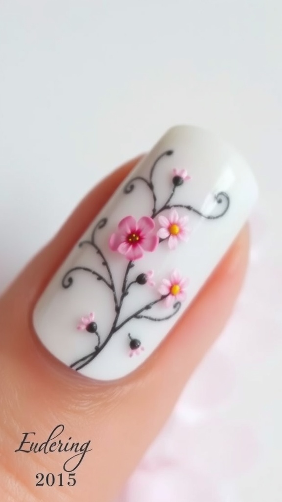 Floral French nail design with pink flowers on a white background
