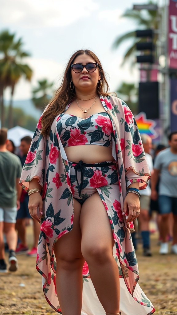 A plus size person wearing a floral kimono with a bikini set at a festival.