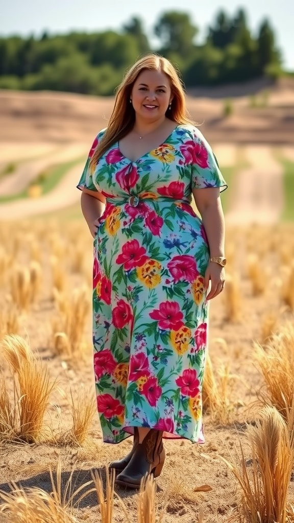 A plus-size woman wearing a colorful floral maxi dress and cowboy boots, standing in a field.