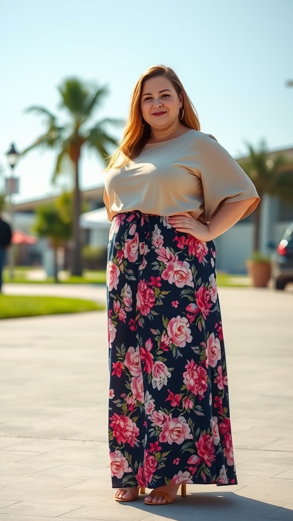A woman in a floral maxi skirt and a simple top, standing outdoors with palm trees in the background.