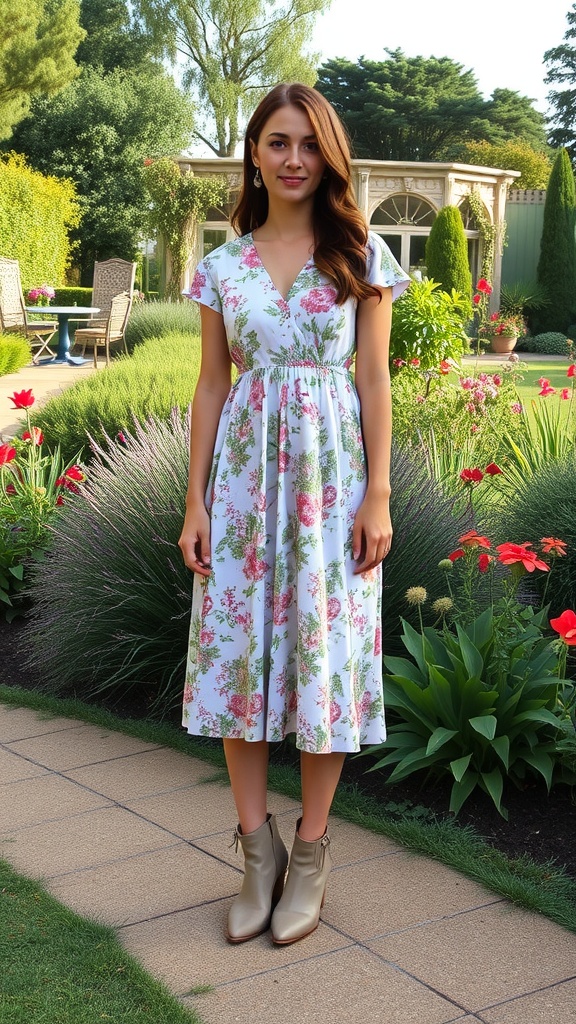A woman wearing a floral midi dress and ankle boots, standing in a garden.