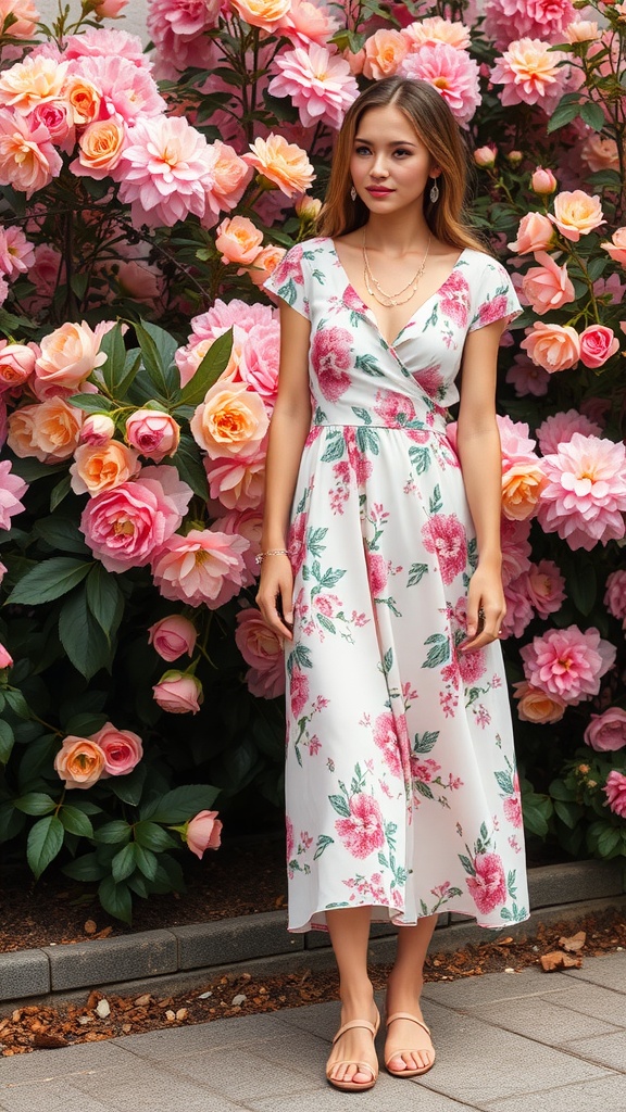 A woman in a floral midi dress standing in front of a flower wall