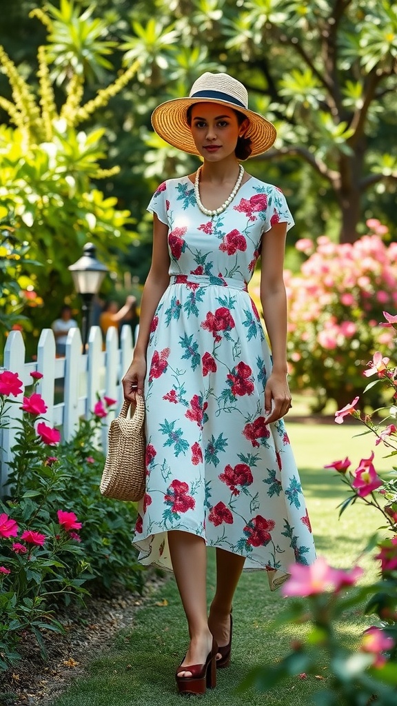 A woman in a floral midi dress with a straw hat and a woven bag, surrounded by flowers.
