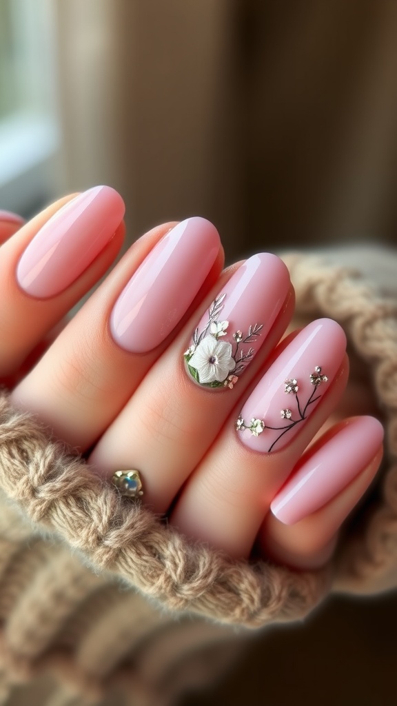 Close-up of light pink chrome nails with floral nail art accents featuring white flowers and dark branches.
