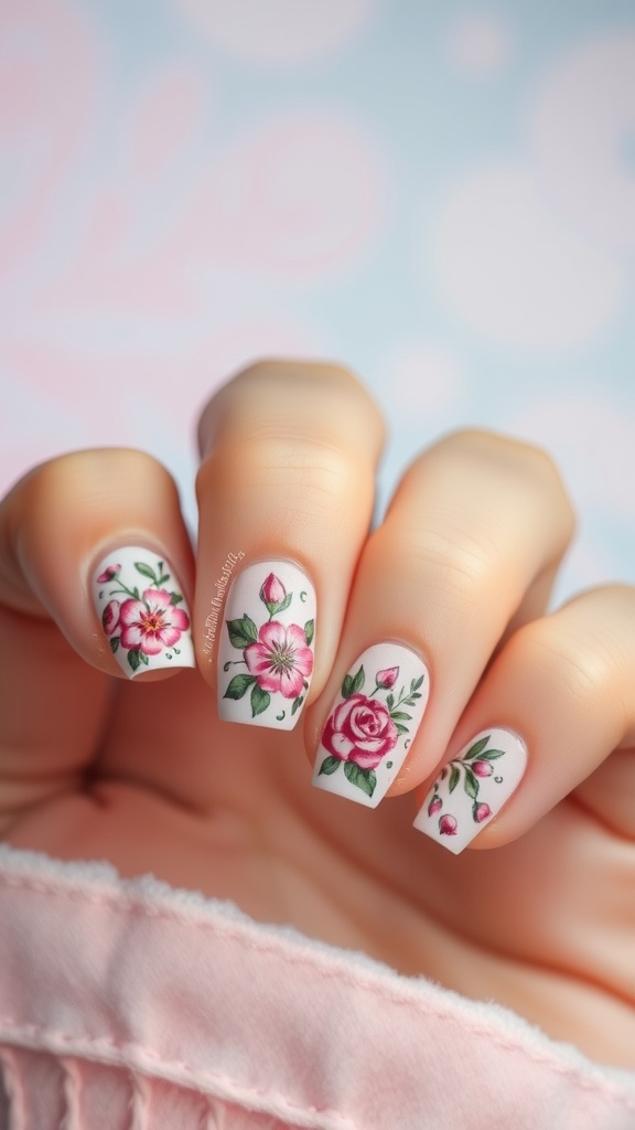 A hand showing floral nail art designs with pink flowers on a white background