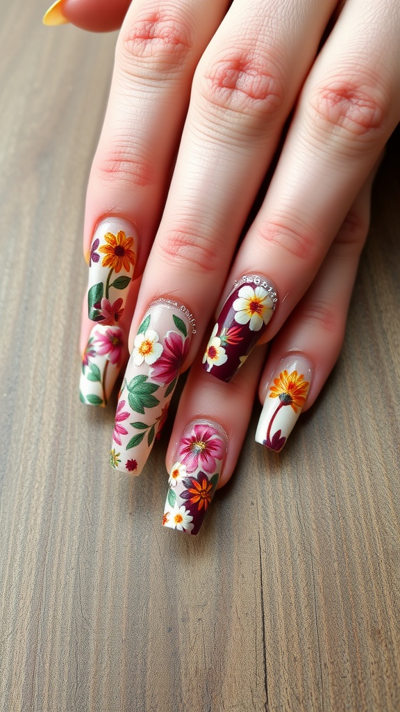 Close-up of beautifully designed floral nail art on long nails with various colors and flower patterns.