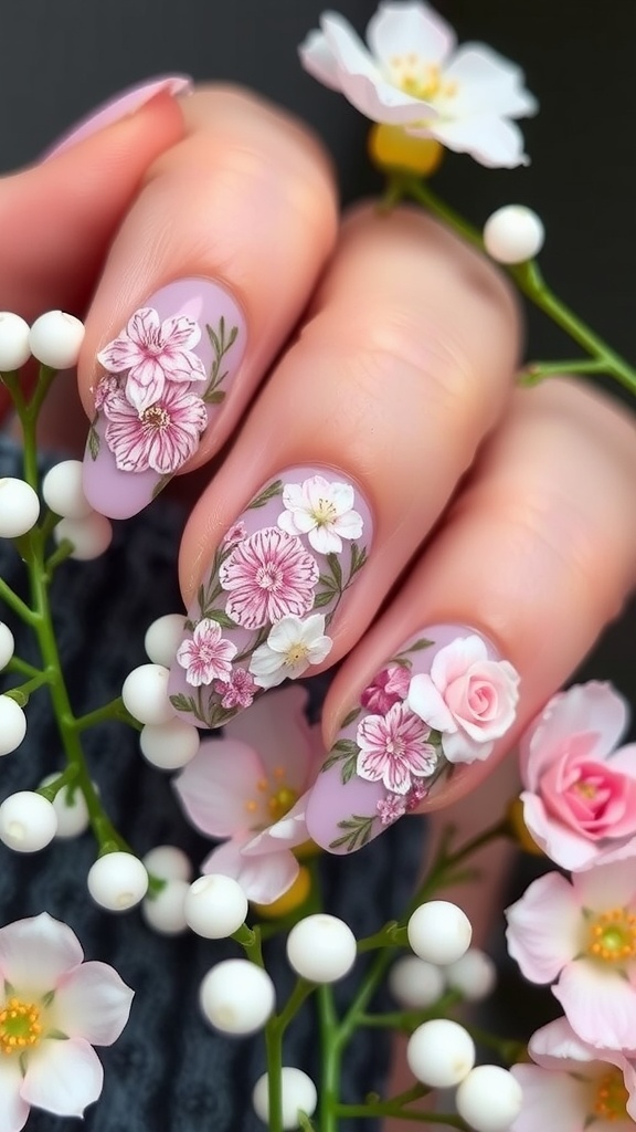 Gelx nails with floral nail art featuring pink and white flowers on a lavender background.
