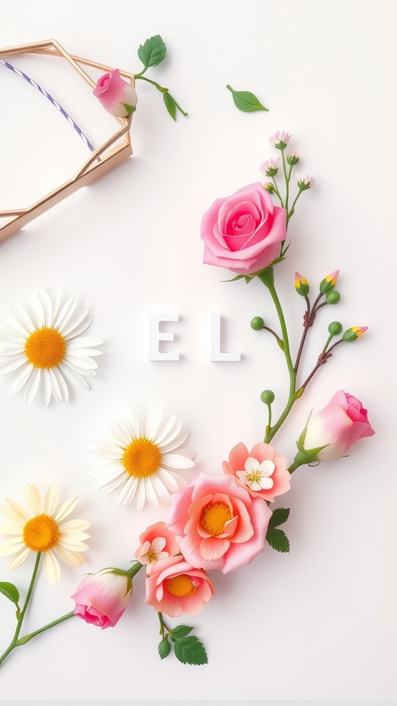 An arrangement of colorful faux flowers and letters on a white background, representing floral nail art inspiration
