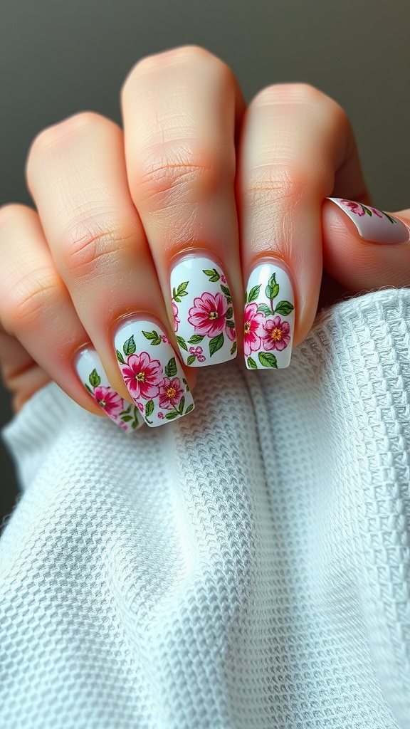 Close-up of square nails with pink floral designs on a white background