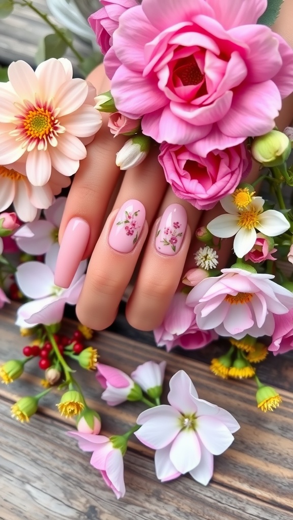 Close-up of baby pink chrome nails with floral designs surrounded by real flowers