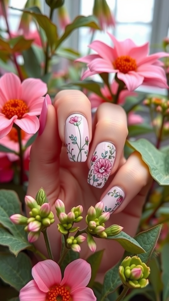 A hand with baby pink chrome nails featuring floral designs, surrounded by pink flowers.