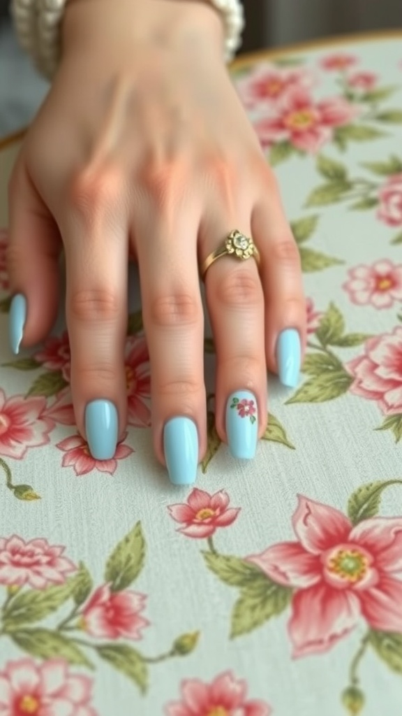 A hand with light blue nails featuring floral nail art, resting on a floral patterned surface.