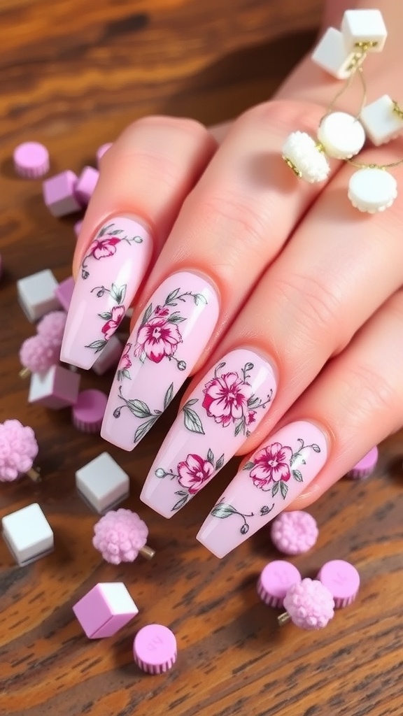 Light pink chrome nails with floral designs, surrounded by colorful shapes.