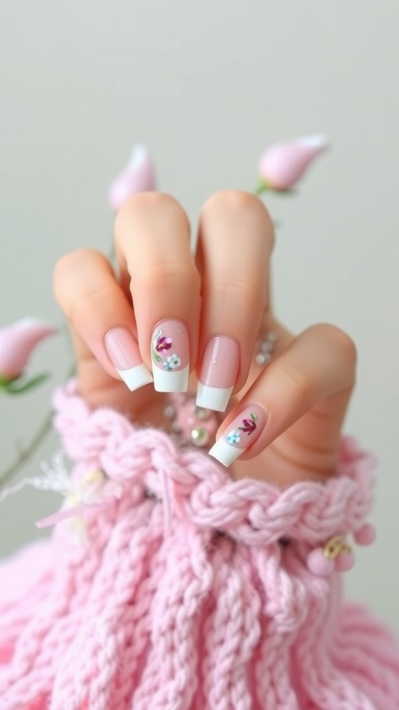 Floral nail art on short pink nails with white tips, featuring delicate flower designs.