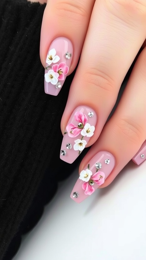 Nails featuring floral designs with pink chrome details, square shape.
