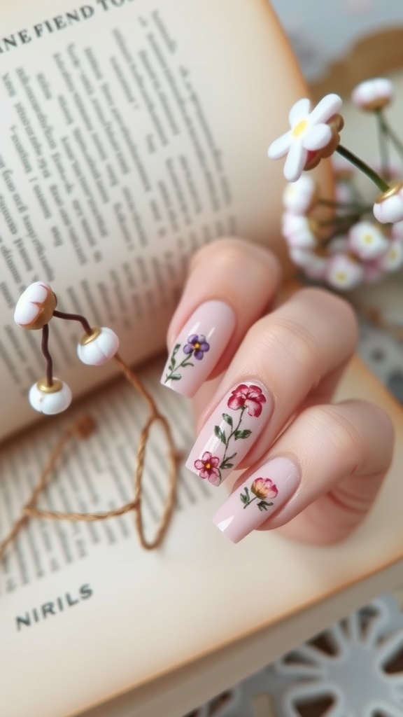 Close-up of nails with floral designs on a soft pink background, surrounded by flowers and a book.