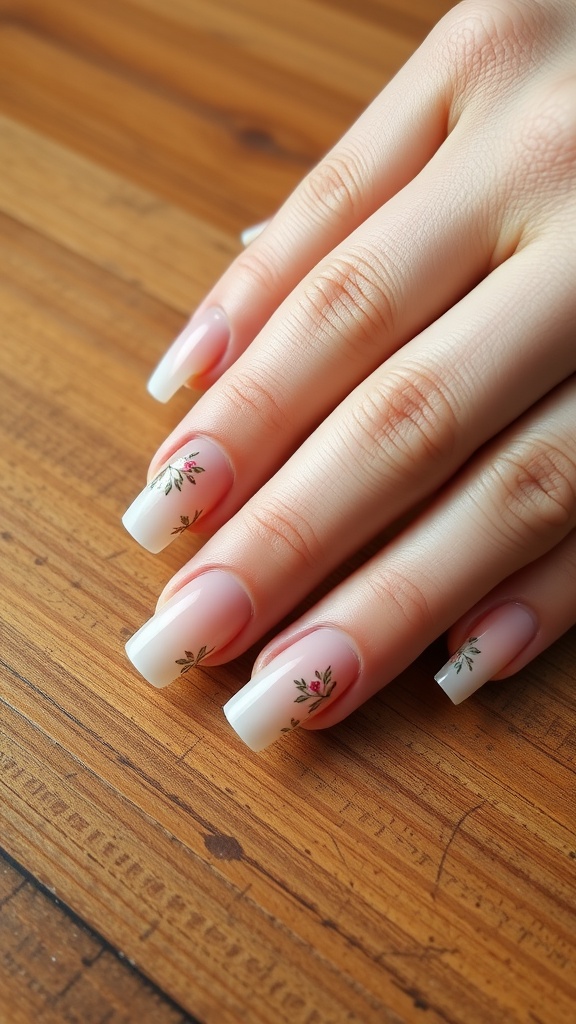 Close-up of short acrylic nails with floral patterns on a wooden surface.
