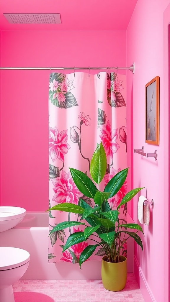 A pink bathroom featuring a floral shower curtain and a green plant.